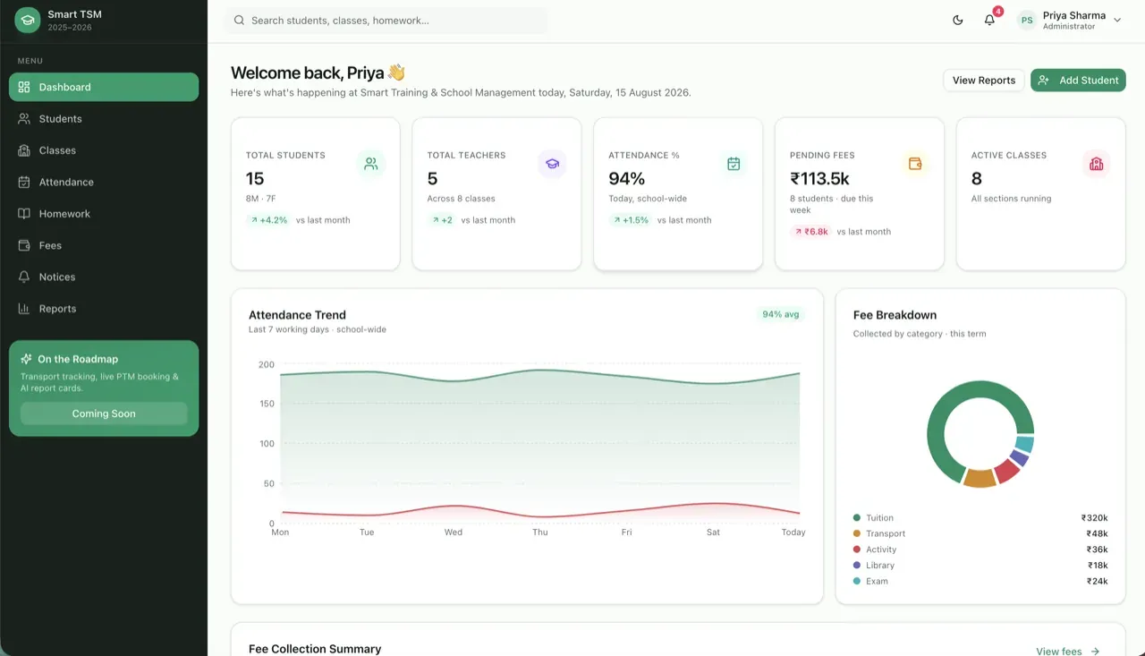Smart Training and School Management dashboard